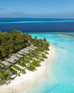Aerial view of Royal Island in Baa Atoll, Maldives