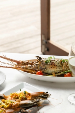 Lobster main dish at Hook restaurant, Villa Nautica Maldives, served with herbs and butter sauce on a white plate